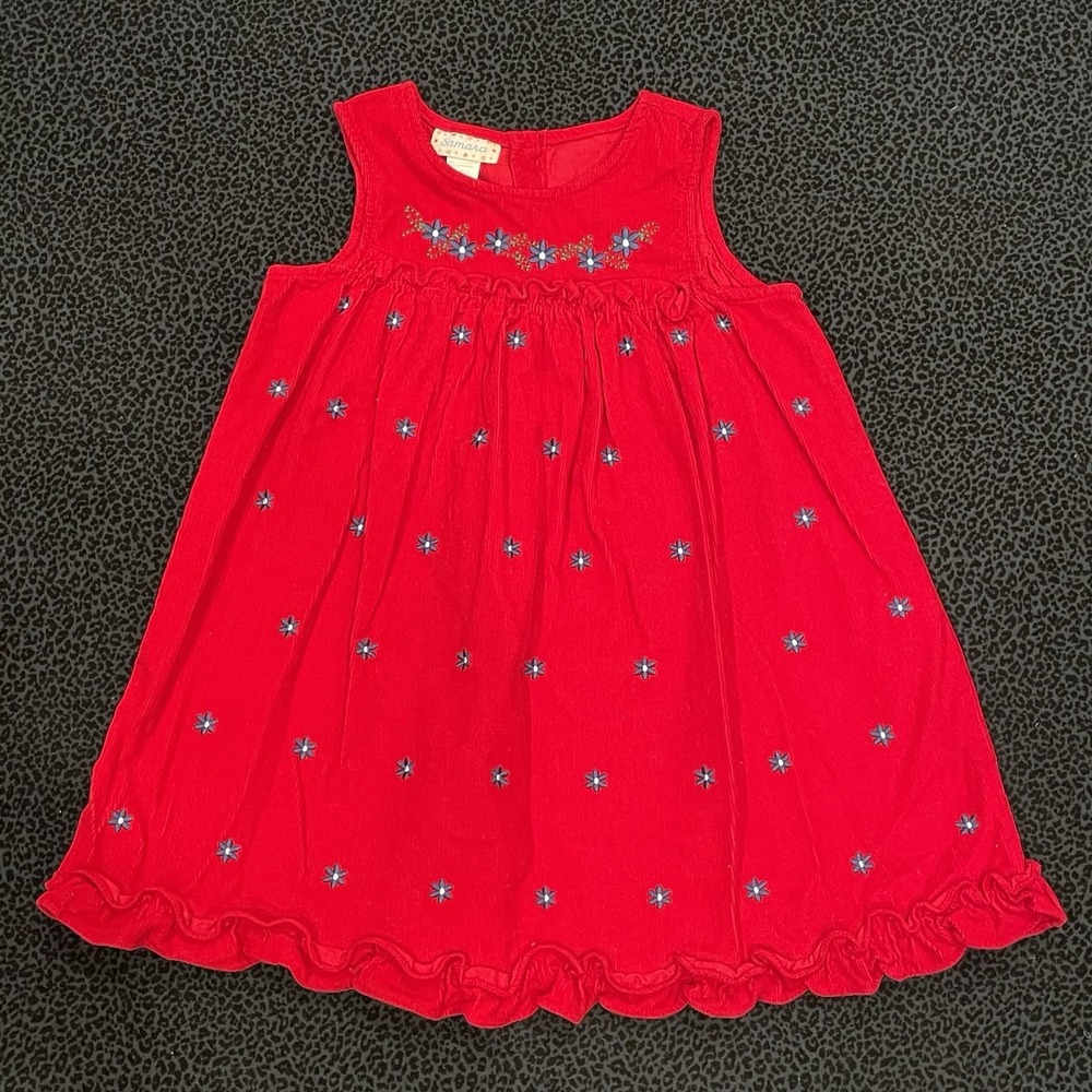 Vintage Girls Dress Red Size 6 Corduroy Back To School Floral Ruffles‎ Cotton